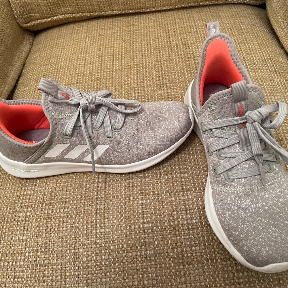adidas Women's Cloudfoam Pure Running Shoe, Metal Grey/Chalk White/Signal Coral